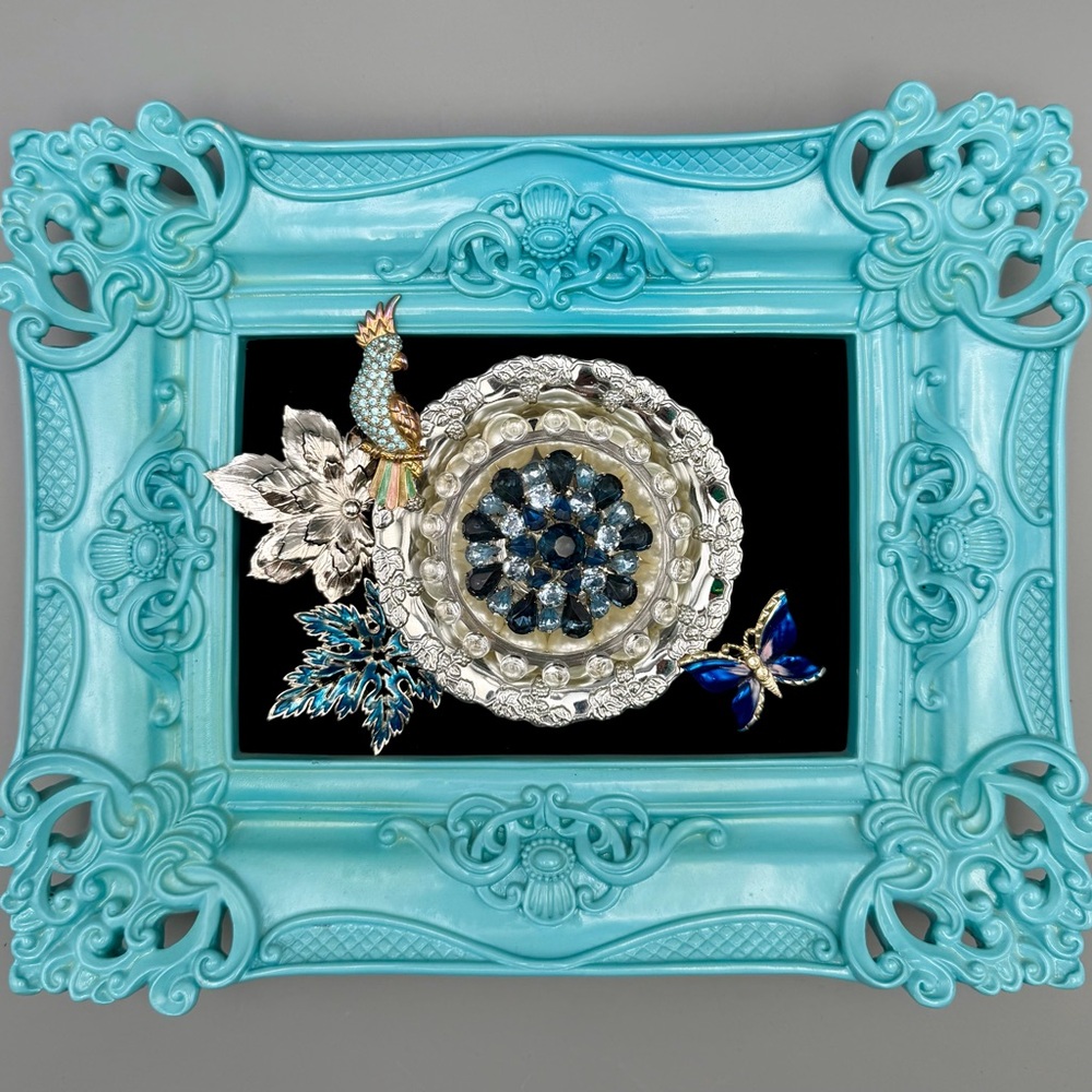 Hand Crafted Turquoise Baroque Frame Jewelry Art Rhinestone Bird Glam Decor